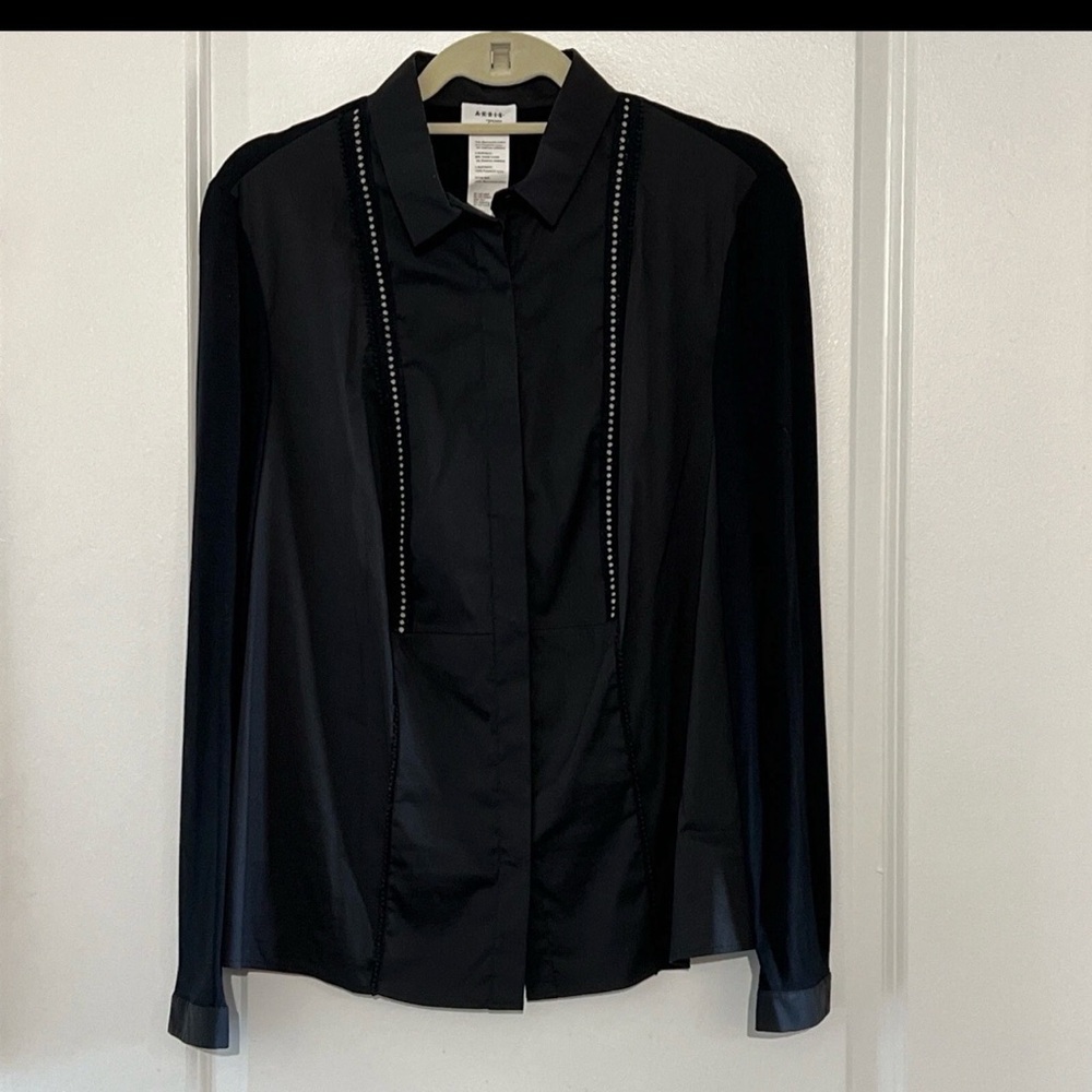 Akris Punto Top Womens Black Cotton Poplin Jersey Stretch Long Sleeve Shirt